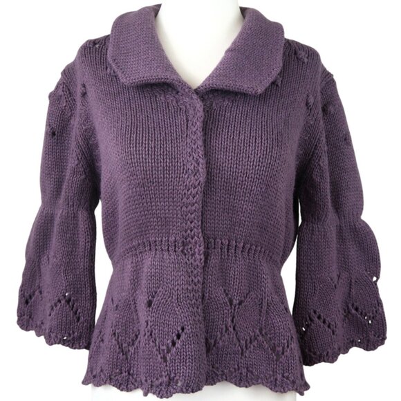 Hekla & Co Purple Bobble Knit Peplum Cardigan Wool Blend Sweater Medium Italy - Picture 1 of 7